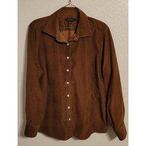 Lands' End Women's Large Brown Micro Corduroy Button Down Long Sleeve Shirt
